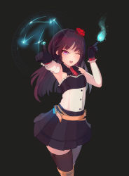 Rule 34 | 1girl, ;d, belt, black background, black gloves, black hair, black thighhighs, boots, corset, detached sleeves, dress, ehrrr, gloves, highres, long hair, looking at viewer, one eye closed, open mouth, original, pointing, pointing at viewer, short dress, simple background, smile, solo, thighhighs, zettai ryouiki