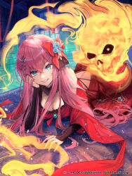 1girl blanket blue_eyes bow breasts copyright_notice dress eyelashes flaming_skull hair_between_eyes hair_spread_out hand_on_own_face highres large_breasts long_hair lying on_stomach parted_lips pink_hair red_bow red_dress solo souten_no_skygalleon very_long_hair xyunx