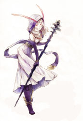 Rule 34 | 1girl, antennae, black legwear, dress, forehead jewel, full body, gloves, holding, holding staff, hood, jewelry, long hair, looking at viewer, necklace, nemu (isaya), purple gloves, purple scarf, red eyes, scarf, simple background, solo, sonorous sky: kenso no sora, staff, white background, white dress, white hair
