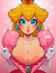 Rule 34 | 1girl, areola slip, artist name, blonde hair, blue eyes, blue gemstone, blush, breasts, brooch, cleavage, clothes pull, collarbone, crown, dress, dress pull, earrings, elbow gloves, eyelashes, flashing, gem, gloves, heart, heart in eye, highres, jewelry, large areolae, large breasts, lips, long dress, long hair, looking at viewer, mario (series), nintendo, nipple slip, nipples, nose, open mouth, outline, parted lips, pink background, pink dress, pink lips, princess, princess peach, puckered lips, puffy short sleeves, puffy sleeves, short sleeves, simple background, solo, sphere earrings, standing, super mario bros. 1, symbol in eye, thick lips, upper body, vero, very long hair, white gloves, white outline