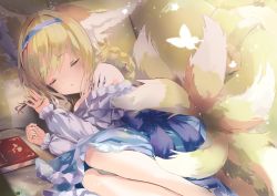 Rule 34 | 1girl, absurdres, animal ears, arknights, blonde hair, blue dress, blue headwear, book, braid, bug, butterfly, child, closed eyes, couch, dress, fetal position, fox ears, fox girl, fox tail, hand in own hair, headband, headphones, highres, insect, legs folded, light particles, light rays, long sleeves, lying, material growth, off-shoulder dress, off shoulder, on couch, oripathy lesion (arknights), parted lips, sidelocks, sleeping, solo, suzuiro (chocolatte), suzuran (arknights), tail