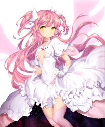 Rule 34 | 1girl, blush, breasts, center opening, choker, commentary request, covered navel, dermiss, dress, frilled dress, frills, gem, gloves, hair ribbon, kaname madoka, long hair, mahou shoujo madoka magica, mahou shoujo madoka magica (anime), pink thighhighs, ribbon, skirt hold, small breasts, solo, thighhighs, ultimate madoka, very long hair, white choker, white dress, white gloves, white ribbon, wings, yellow eyes