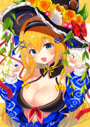 Rule 34 | 1girl, :d, ahoge, animal ear fluff, animal ears, bare shoulders, black hairband, black hat, blue eyes, blue jacket, blush, bow, breasts, cat ears, cat hair ornament, cleavage, commentary request, fang, fingernails, flower, frilled hat, frills, gyozanuko, hair ornament, hairband, hands up, hat, hat flower, head tilt, highres, jacket, jewelry, long hair, long sleeves, looking at viewer, medium breasts, mole, mole on breast, nail polish, open clothes, open jacket, open mouth, orange flower, orange hair, orange rose, original, paw pose, puffy long sleeves, puffy sleeves, ring, rose, sidelocks, smile, solo, x hair ornament, yellow bow, yellow nails