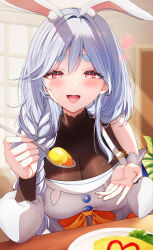 Rule 34 | 1girl, absurdres, apron, bare shoulders, blue hair, blush, breasts, feeding, heart, highres, hololive, indoors, large breasts, looking at viewer, mature female, open mouth, orange eyes, pekomama, pov, pov feeding, rabbit ears, smile, solo, virtual youtuber, yu lei