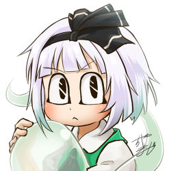 Rule 34 | 1girl, profile picture, black bow, black hairband, blunt bangs, bob cut, bow, chamaji, close-up, commentary request, ghost, green vest, hairband, holding, konpaku youmu, konpaku youmu (ghost), looking at viewer, lowres, short hair, signature, solo, touhou, vest, white hair