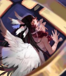 1girl angel angel_wings araimin black_hair closed_eyes columbina_(genshin_impact) feathered_wings genshin_impact highres long_hair multicolored_hair multiple_wings pink_hair ribbon solo two-tone_hair very_long_hair white_ribbon wings