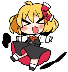 Rule 34 | 1girl, black footwear, black skirt, black vest, blonde hair, blush, collared shirt, darkness, fang, full body, hair between eyes, hair ribbon, ini (inunabe00), long sleeves, open mouth, outstretched arms, red ribbon, ribbon, rumia, shirt, shoes, short hair, simple background, skin fang, skirt, smile, socks, solo, spread arms, touhou, vest, white background, white shirt, white socks