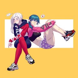 Rule 34 | 2girls, abs, back-to-back, bike shorts, black shorts, blue hair, blue shorts, blush, border, breasts, byleth (female) (fire emblem), byleth (fire emblem), commentary, contemporary, crop top, cropped hoodie, crossed legs, edelgard von hresvelg, edie crop hoodie, english commentary, fila, fire emblem, fire emblem: three houses, flat chest, full body, heart, highres, hood, hood down, hoodie, hugging own legs, invisible chair, legs up, pantyhose under shorts, medium breasts, medium hair, meme attire, midriff, mogiberi, multiple girls, nintendo, outside border, pantyhose, print shorts, product placement, purple eyes, scar, scar on leg, sheep print, shoes, shorts, side ponytail, silver hair, sitting, smile, sneakers, spoken blush, spoken heart, twitter username, white background, yellow border, yuri