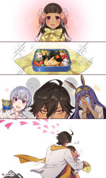 Rule 34 | 2boys, 2girls, 4koma, ahoge, animal ears, bento, black hair, bracelet, brown eyes, brown hair, cape, comic, crying, dark-skinned female, dark-skinned male, dark skin, earrings, egyptian clothes, facial mark, fate/grand order, fate/prototype, fate/prototype: fragments of blue and silver, fate (series), flower, hair flower, hair ornament, hairband, hetero, jackal ears, jewelry, long hair, moses (fate), multiple boys, multiple girls, necklace, nefertari (fate), nitocris (fate), omi (tyx77pb r2), open mouth, ozymandias (fate), purple eyes, purple hair, silent comic, smile, twitter username, yellow eyes