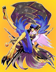 Rule 34 | 1girl, arms up, breasts, duel monster, full body, gradient background, harpy, highres, legs up, long hair, lyrilusc - recital starling, medium breasts, monster girl, open mouth, pink hair, red eyes, skirt, solo, winged arms, wings, yellow background, yu-gi-oh!, yukitaka (zzzzz)