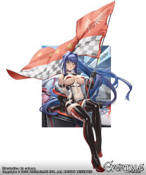 Rule 34 | 1girl, bare shoulders, bikini, black gloves, black thighhighs, blue hair, cuboon, evertale, flag, full body, gloves, green eyes, high heels, highres, holding, holding flag, long hair, looking at viewer, ludmilla (evertale), micro bikini, navel, official art, parted lips, ponytail, race queen, red bikini, see-through, sitting, solo, sweat, swimsuit, thighhighs, very long hair