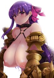 Rule 34 | 10s, 1girl, bare shoulders, belt collar, blush, bow, breasts, claws, cleavage, collar, fate/extra, fate/extra ccc, fate (series), frown, gigantic breasts, hair bow, hair ribbon, highres, long hair, looking at viewer, moisture (chichi), nipples, o-ring, o-ring top, passionlip (fate), pink eyes, pink ribbon, purple hair, ribbon, simple background, solo, striped, very long hair, white background