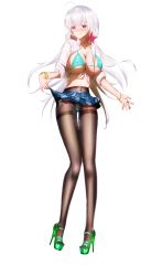 Rule 34 | 1girl, absurdres, alternate costume, aqua bikini, aqua panties, azur lane, bad id, bad pixiv id, bikini, black pantyhose, blue skirt, blush, bracelet, breasts, cleavage, closed mouth, clothes lift, collarbone, condom, condom belt, flower, full body, gosama, green footwear, gyaru, hair flower, hair ornament, high heels, highres, holding, holding condom, illustrious (azur lane), jewelry, large breasts, licking lips, lips, long hair, looking at viewer, open clothes, open shirt, panties, panties under pantyhose, pantyhose, purple eyes, purple lips, pussy juice, shirt, skirt, skirt lift, solo, standing, swimsuit, toes, tongue, tongue out, transparent background, underwear, white background, white hair, white shirt
