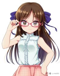 10s 1girl adjusting_eyewear animated animated_gif bespectacled blush bow brown_eyes brown_hair female_focus glasses hair_bow half_updo idolmaster idolmaster_cinderella_girls long_hair open_mouth rariemonn red-framed_eyewear shirt simple_background sleeveless sleeveless_shirt smile solo tachibana_arisu