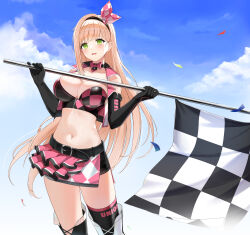 Rule 34 | 1girl, bare shoulders, belt, black choker, black gloves, black shirt, black thighhighs, blonde hair, boots, bow, bowtie, breasts, checkered flag, choker, cleavage, closers, cloud, collarbone, cowboy shot, crop top, cropped vest, elbow gloves, flag, frown, gloves, green eyes, hairband, hands up, highres, holding, holding flag, large breasts, long hair, looking at viewer, midriff, miniskirt, navel, non-web source, official art, open clothes, open mouth, open vest, outdoors, pink skirt, race queen, shirt, side slit, skindentation, skirt, sleeveless, sleeveless shirt, solo, soma (closers), standing, stomach, sweatdrop, thigh boots, thighhighs, thighs, very long hair, vest, zettai ryouiki