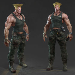 Rule 34 | 1boy, 3d, bandages, belt, blonde hair, blood, blue eyes, boots, cameo, camouflage, capcom, comb, commentary, dog tags, flattop, full body, grey background, guile, male focus, mike kime, multiple views, muscular, realistic, shoulder tattoo, standing, street fighter, tattoo, watch, wristwatch