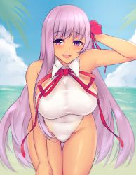 Rule 34 | 10s, 1girl, arm behind head, bare shoulders, bb (fate), bb (fate) (all), bb (swimsuit mooncancer) (fate), bb (swimsuit mooncancer) (third ascension) (fate), beach, blue sky, blush, breasts, covered navel, dark-skinned female, dark skin, day, fate/extra, fate/extra ccc, fate/grand order, fate (series), hair ribbon, hip focus, kuavera, large breasts, leaning forward, leotard, long hair, looking at viewer, neck ribbon, ocean, open mouth, purple eyes, purple hair, red ribbon, ribbon, sky, smile, solo, tan, thighs, very long hair, white leotard