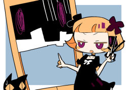Rule 34 | 1girl, :o, animal, black bow, black cat, black choker, black dress, blonde hair, blue background, blunt bangs, blush stickers, bob cut, border, bow, bright pupils, cat, choker, collarbone, colored eyelashes, dress, dress bow, eye contact, frilled sleeves, frills, guillotine, guillotine girl (yukihi), hair bow, hair ornament, half-closed eyes, hands up, holding, holding scissors, index finger raised, jitome, looking at another, looking to the side, no nose, open mouth, original, outside border, puffy short sleeves, puffy sleeves, purple eyes, rounded corners, scissors, short hair, short sleeves, simple background, slit pupils, sweat, upper body, v-shaped eyebrows, white border, white bow, white pupils, yellow eyes, yukihi
