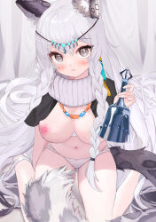 Rule 34 | 1girl, absurdres, adapted costume, animal ear fluff, animal ears, arknights, bare legs, bead necklace, beads, bell, bikini, bikini pull, black capelet, blush, braid, breasts, breasts out, capelet, circlet, cleavage, clothes pull, commentary, curtains, earrings, embarrassed, full body, grey eyes, grey hair, highres, holding, holding bell, jewelry, leopard ears, leopard girl, leopard tail, long hair, looking at viewer, medium breasts, multi-strapped bikini, navel, necklace, nipples, parted lips, pramanix (arknights), rou bao mao-gravity5, side braids, single earring, sitting, solo, stomach, swimsuit, tail, tassel, tassel earrings, twin braids, very long hair, wariza, white bikini