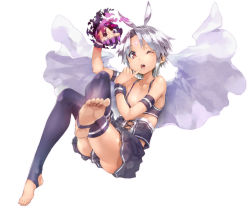 Rule 34 | 1girl, antenna hair, arm strap, bare shoulders, barefoot, black thighhighs, blurry, collarbone, crossed legs, depth of field, feet, finger to face, finger to mouth, fire, flat chest, looking at viewer, one eye closed, open mouth, purple fire, red eyes, short hair, silver hair, simple background, sitting, skirt, soles, solo, temptation crown, thighhighs, toeless legwear, toes, wink, wristband, yuugen
