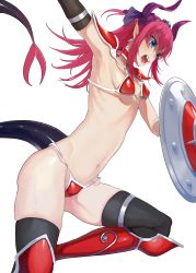 Rule 34 | 1girl, absurdres, armor, bad id, bad pixiv id, bikini, bikini armor, blue eyes, breasts, collar, commentary request, dragon tail, earrings, elbow gloves, elizabeth bathory (brave) (fate), elizabeth bathory (fate), fangs, fate/extra, fate/extra ccc, fate/grand order, fate (series), gloves, hakisou, highres, holding, holding shield, horns, jewelry, long hair, navel, pauldrons, pink hair, pointy ears, red armor, red bikini, shield, shoulder armor, sidelocks, silver trim, simple background, skindentation, small breasts, solo, swimsuit, tail, teeth, thighhighs, white background