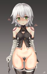 Rule 34 | 1girl, :o, bandaged arm, bandages, black gloves, black panties, black thighhighs, blush, body blush, breasts, bright pupils, buckle, c-string, cameltoe, cleavage, cleavage cutout, cleft of venus, clenched hand, clothing cutout, collarbone, colored eyelashes, commentary request, fate/grand order, fate (series), fingerless gloves, gloves, gluteal fold, gradient background, green eyes, grey background, groin, heart, highres, holding, holding clothes, holding panties, holding underwear, jack the ripper (fate/apocrypha), looking at viewer, nose blush, open mouth, panties, unworn panties, partially visible vulva, rumiya9i, scar, scar across eye, scar on face, shiny skin, short hair, shoulder tattoo, signature, silver hair, single fingerless glove, single glove, small breasts, solo, strapless bottom, tattoo, thigh gap, thighhighs, tsurime, underbust, underwear