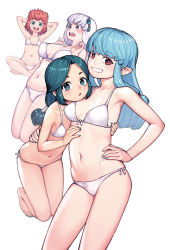 Rule 34 | 4girls, :d, arms behind head, arms up, ashimine arumi, bare arms, bare legs, bare shoulders, barefoot, beads, bikini, blue hair, blue nails, blunt bangs, breasts, collarbone, commentary request, flat chest, front-tie bikini top, front-tie top, green eyes, green hair, green nails, grin, hair beads, hair ornament, hamada yoshikazu, hand on own hip, hands up, highres, hip bones, kiriha (tsugumomo), kukuri (tsugumomo), large breasts, long hair, looking at viewer, miyou mimane, multiple girls, nail polish, navel, official art, open mouth, parted bangs, pointy ears, purple eyes, red eyes, red hair, short hair, side-tie bikini bottom, simple background, small breasts, smile, stomach, string bikini, swimsuit, toenail polish, toenails, tsugumomo, white background, white bikini, white hair
