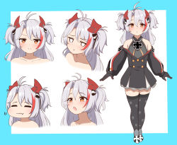Rule 34 | 1girl, :t, absurdres, antenna hair, azur lane, bare shoulders, black dress, black gloves, blue background, blush, brown eyes, closed eyes, closed mouth, collared shirt, dress, eating, gloves, grey hair, grey shirt, hair between eyes, headgear, highres, jitome, little prinz eugen (azur lane), long hair, long sleeves, moyoron, multicolored hair, multiple views, off-shoulder dress, off shoulder, open mouth, parted bangs, parted lips, puffy long sleeves, puffy sleeves, red hair, shirt, sleeveless, sleeveless shirt, standing, streaked hair, thighhighs, two-tone background, two side up, v-shaped eyebrows, wavy mouth, white background