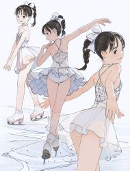 Rule 34 | 1girl, ass, back, bare shoulders, black hair, braid, braided ponytail, choker, collarbone, cowboy shot, feet out of frame, female focus, figure skating, from behind, full body, gluteal fold, high ponytail, highres, juunigou, kneepits, leotard, leotard peek, looking at viewer, looking back, medium hair, multiple views, multiple views, original, outstretched arm, outstretched arms, skirt, smile, solo, standing, strapless, strapless leotard, thighs, white choker, white footwear, white leotard, white skirt
