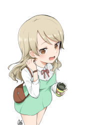 Rule 34 | 10s, 1girl, blonde hair, blush, brown eyes, commentary request, dress, drill hair, highres, holding, idolmaster, idolmaster cinderella girls, junsuina fujunbutsu, long hair, long sleeves, morikubo nono, open mouth, simple background, solo, wavy mouth