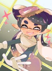 Rule 34 | 1girl, 333negi, artist name, black hair, bow-shaped hair, callie (splatoon), closed eyes, commentary request, earrings, fangs, food, food on head, glint, gloves, gradient background, grey background, highres, hoop earrings, inkling, jewelry, long hair, mole, mole under eye, nintendo, object on head, open mouth, pointy ears, simple background, solo, sparkle, splatoon (series), splatoon 3, sushi, tentacle hair, thick eyebrows, twitter username, white gloves