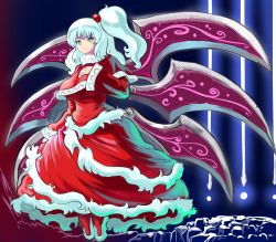 Rule 34 | 1girl, breasts, dress, flower, full body, grey eyes, hair bobbles, hair ornament, hand on own chest, highres, large breasts, long hair, long sleeves, pc-98 (computer), profitshame, red dress, red flower, shinki (touhou), side ponytail, silver hair, touhou, wide sleeves, wings