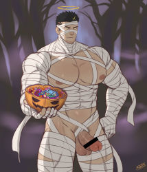 Rule 34 | 1boy, absurdres, bandages, bar censor, bara, black hair, bulge, candy, censored, covered abs, covered navel, cowboy shot, english text, erection, facial hair, food, forest, halloween, halloween costume, halo, highres, jack-o&#039;-lantern, k sen212, large pectorals, looking at viewer, male focus, male pubic hair, manly, mummy costume, muscular, nature, nipples, pectorals, penis, pubic hair, pumpkin, revealing clothes, short hair, sideburns, solo, stubble, testicles, thick thighs, thighs, tokyo houkago summoners, yellow eyes, zabaniyya (halloween) (housamo), zabaniyya (housamo)