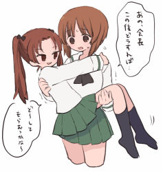 Rule 34 | 2girls, blush, bow, brown eyes, brown hair, carrying, frown, girls und panzer, hair bow, kadotani anzu, long hair, long sleeves, looking at another, multiple girls, neckerchief, nishizumi miho, no shoes, open mouth, parted bangs, pleated skirt, princess carry, ri (qrcode), school uniform, serafuku, short hair, skirt, smile, socks, sweat, translation request, twintails