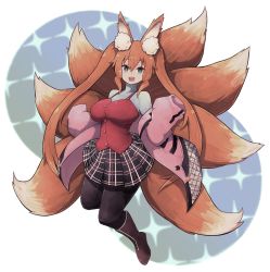 Rule 34 | 1girl, :d, animal ear fluff, animal ears, black pantyhose, black skirt, boots, breasts, bright pupils, brown footwear, brown hair, commentary, commission, english commentary, fox ears, fox tail, full body, green eyes, highres, jacket, lamb-oic029, large breasts, long hair, looking at viewer, multiple tails, off shoulder, open mouth, original, pantyhose, pink jacket, pleated skirt, plushmallow, red vest, skirt, sleeves past fingers, sleeves past wrists, smile, solo, sweater, tail, twintails, very long hair, vest, white pupils, white sweater
