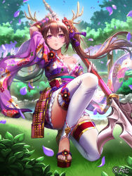 Rule 34 | 1girl, antlers, armor, box (hotpppink), breasts, brown hair, cleavage, collarbone, commentary request, day, full body, grass, hair between eyes, holding, holding polearm, holding spear, holding weapon, horns, long hair, looking at viewer, medium breasts, official art, outdoors, polearm, purple eyes, sengoku kishin valkyrie, skirt, sky, solo, spear, thighhighs, tree, twintails, weapon