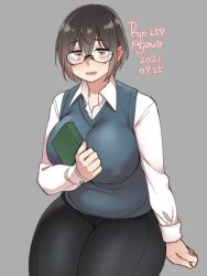 Rule 34 | 1girl, agawa ryou, artist name, black-framed eyewear, black pants, blue vest, book, breasts, brown hair, collared shirt, commentary, covered erect nipples, cowboy shot, dated, english commentary, glasses, grey background, hair between eyes, holding, holding book, huge breasts, light blush, long sleeves, numbered, open mouth, original, pants, puffy nipples, semi-rimless eyewear, shirt, short hair, sidelocks, simple background, skin tight, solo, sweatdrop, thick thighs, thighs, vest, wavy mouth, white shirt, wing collar, yellow eyes