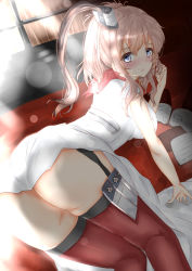 Rule 34 | 10s, 1girl, absurdres, all fours, ass, bad hands, blonde hair, blush, garter straps, highres, kantai collection, looking at viewer, looking back, ponytail, riyo (ryon 96), saratoga (kancolle), grey eyes, solo, thighhighs, thighs, uniform
