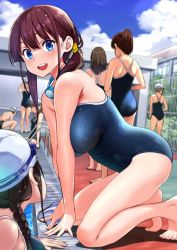 Rule 34 | 6+girls, all fours, ass, bare legs, barefoot, blue one-piece swimsuit, blue sky, blush, breasts, cloud, day, large breasts, multiple girls, one-piece swimsuit, original, outdoors, pool, poolside, purple hair, school swimsuit, shoulder blades, side ponytail, sky, solo focus, swim cap, swimsuit, thighs, toes, wakana hanabi, wet, wet hair