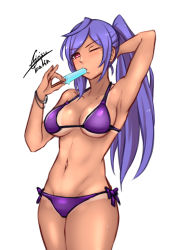 Rule 34 | 1girl, absurdres, airisubaka, bikini, breasts, cleavage, food, highres, ice cream, iris heart, kami jigen game neptune v, large breasts, long hair, looking at viewer, navel, neptune (series), one eye closed, ponytail, purple hair, red eyes, signature, simple background, solo, swimsuit, symbol-shaped pupils, tan, tanline, white background