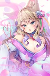 Rule 34 | 1girl, ahri (league of legends), animal ear fluff, animal ears, bell, blue hair, blush, breasts, brown hair, cleavage, collarbone, commentary request, facial mark, fang, fox ears, gradient hair, grey background, hair bell, hair ornament, heart, highres, japanese clothes, jingle bell, kimono, large breasts, league of legends, long hair, long sleeves, looking at viewer, momoirone, multicolored hair, obi, off shoulder, open mouth, petals, sash, simple background, sleeves past wrists, solo, very long hair, whisker markings, white kimono
