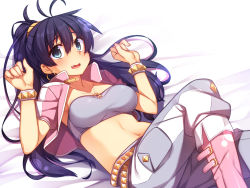 Rule 34 | 1girl, bed, bed sheet, black hair, blue eyes, blush, boots, bracelet, costume, earrings, fang, ganaha hibiki, hoop earrings, idolmaster, idolmaster (classic), jewelry, lens flare, long hair, lying, midriff, navel, necklace, on back, open mouth, pink footwear, ponytail, racer (magnet), solo