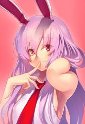 Rule 34 | 1girl, animal ears, armpits, bare arms, bare shoulders, breasts, closed mouth, finger to mouth, kaiza (rider000), light purple hair, long hair, looking at viewer, medium breasts, necktie, rabbit ears, red eyes, red necktie, reisen udongein inaba, shirt, sideboob, sleeveless, sleeveless shirt, smile, solo, touhou, upper body, white shirt