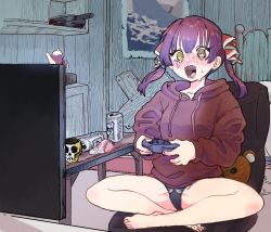 Rule 34 | 1girl, alternate costume, bare legs, beer can, black panties, blush, breasts, can, chair, collarbone, controller, crossed legs, crying, drink can, feet, fingernails, frying pan, hair ribbon, heterochromia, highres, hololive, hood, hoodie, houshou marine, indoors, long hair, medium breasts, monitor, no pants, open mouth, panties, poster (object), red eyes, red hair, red hoodie, ribbon, screaming, shinmiri n, sitting, skull, solo, stuffed animal, stuffed toy, sweat, table, teapot, tears, teddy bear, toenails, twintails, underwear, virtual youtuber, wooden chair, wooden wall, yellow eyes