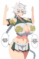 Rule 34 | 1girl, arms up, braid, breasts, cleavage, cloud print, hands up, highres, huge breasts, kantai collection, kloah, long hair, open mouth, silver hair, solo, third-party edit, translated, unryuu (kancolle), yellow eyes