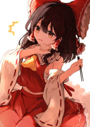 Rule 34 | 1girl, ^^^, ascot, bad id, bad pixiv id, bare shoulders, black hair, bow, brown eyes, chopsticks, detached sleeves, drooling, hair between eyes, hair bow, hair tubes, hakurei reimu, highres, holding, holding chopsticks, japanese clothes, medium hair, mouth drool, navel, nontraditional miko, open mouth, red bow, red skirt, ribbon-trimmed sleeves, ribbon trim, shangurira, sidelocks, skirt, solo, touhou, wide sleeves, yellow ascot