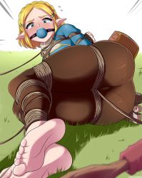 Rule 34 | 1girl, absurdres, arms behind back, ass, bagelbomb, ball gag, bdsm, blonde hair, blush, bondage, bound, cameltoe, embarrassed, from behind, gag, grass, highres, looking at viewer, lying, nintendo, pointy ears, princess zelda, solo, sweat, tagme, the legend of zelda, the legend of zelda: breath of the wild, the legend of zelda: tears of the kingdom, thighs
