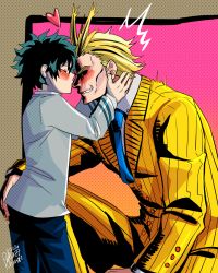 Rule 34 | 10s, 2boys, age difference, all might, artist request, ass, black sclera, blonde hair, blue eyes, blue neckwear, blush, boku no hero academia, colored sclera, closed eyes, facing another, formal, freckles, from side, green hair, hand on knee, hand on neck, heart, height difference, highres, jacket, kiss, kneeling, long sleeves, male focus, messy hair, midoriya izuku, multiple boys, necktie, kissing nose, pants, parted lips, school uniform, shirt, short hair, sitting, size difference, standing, suit, surprised, teacher and student, teeth, wavy mouth, white shirt, wince, yagi toshinori, yaoi, yellow pants, yellow suit
