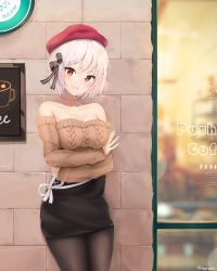 Rule 34 | 1girl, absurdres, aran sweater, azur lane, bare shoulders, belfast (azur lane), belfast (shopping with the head maid) (azur lane), belfast (shopping with the head maid) (azur lane) (cosplay), bespectacled, black pantyhose, breasts, cable knit, cleavage, commentary request, cosplay, costume switch, glasses, haruka poi, hat, highres, large breasts, looking at viewer, medium breasts, pantyhose, pencil skirt, red eyes, red hat, ribbon, short hair, sirius (azur lane), skirt, smile, solo, sweater, white hair