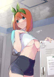 Rule 34 | 1girl, areola slip, black shorts, blue eyes, blush, bow hairband, breasts, cleavage, clothes lift, collarbone, convenient censoring, covered erect nipples, cowboy shot, dolphin shorts, frown, go-toubun no hanayome, hair ribbon, hairband, hand on own chest, highres, indoors, kckcdkkn, locker, locker room, looking away, medium breasts, nakano yotsuba, no bra, orange hair, ribbon, shirt, shirt lift, short hair, short sleeves, shorts, solo, standing, sticky note, stomach, thighs, underboob, white shirt